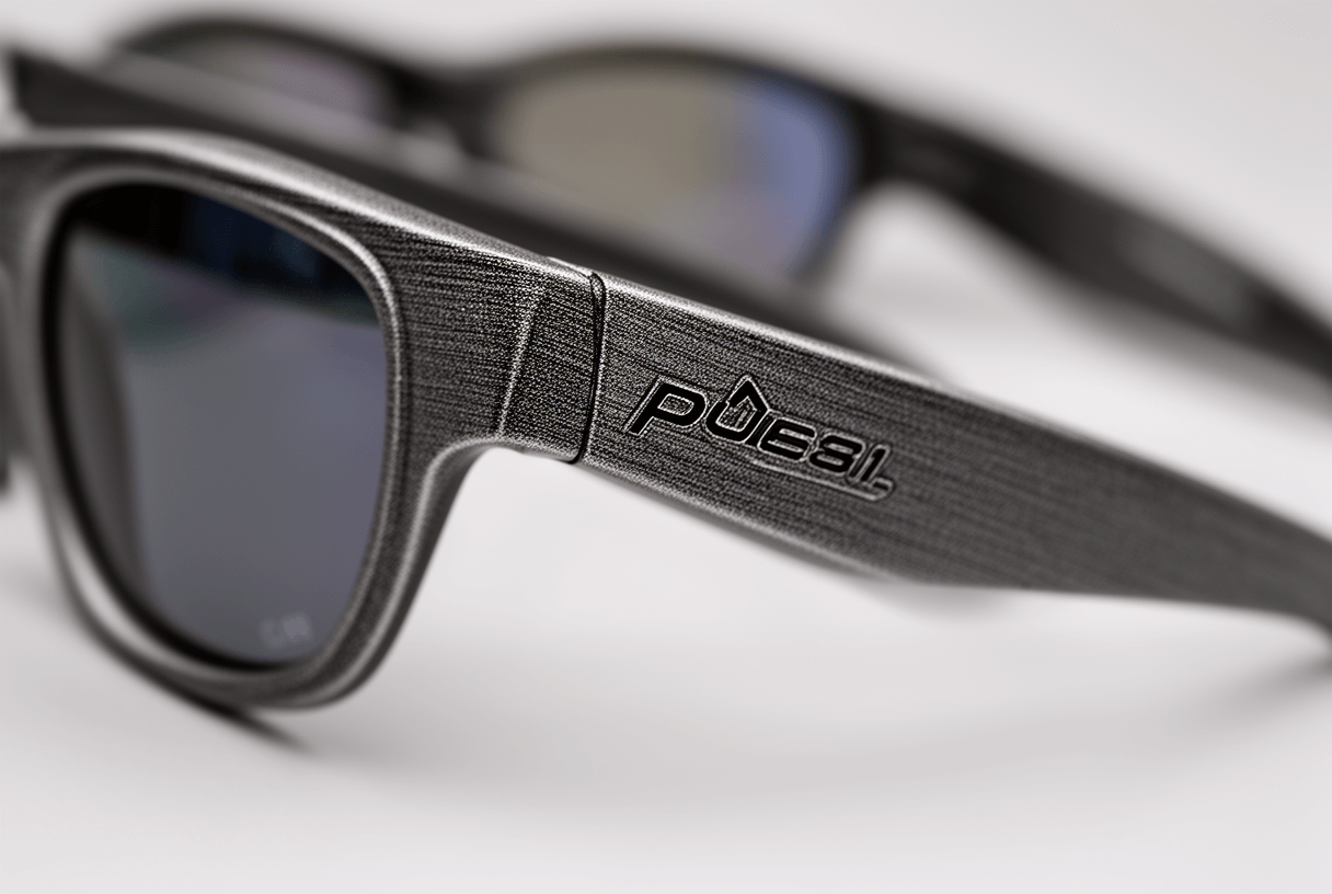 gros plan lunettes de soleil publicitaires avec logo et texture monture