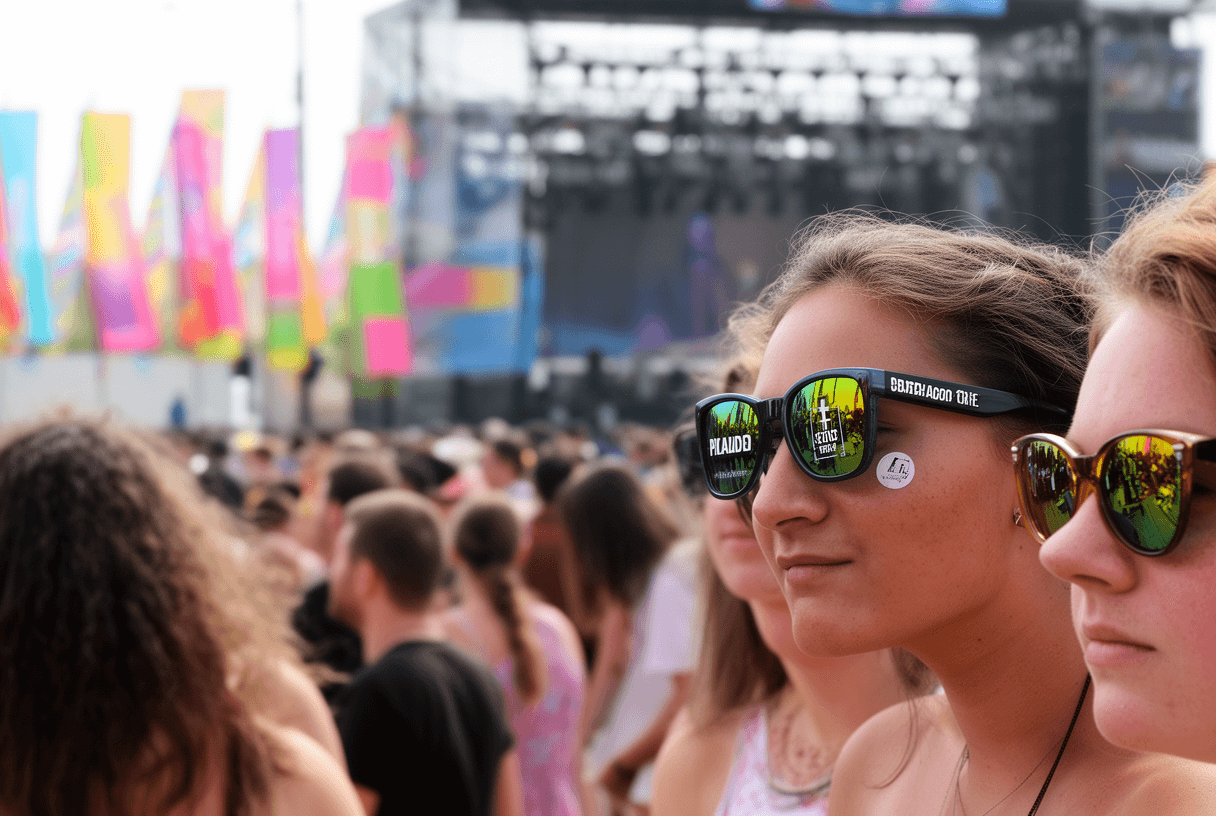 festival avec participants portant des lunettes de soleil publicitaires